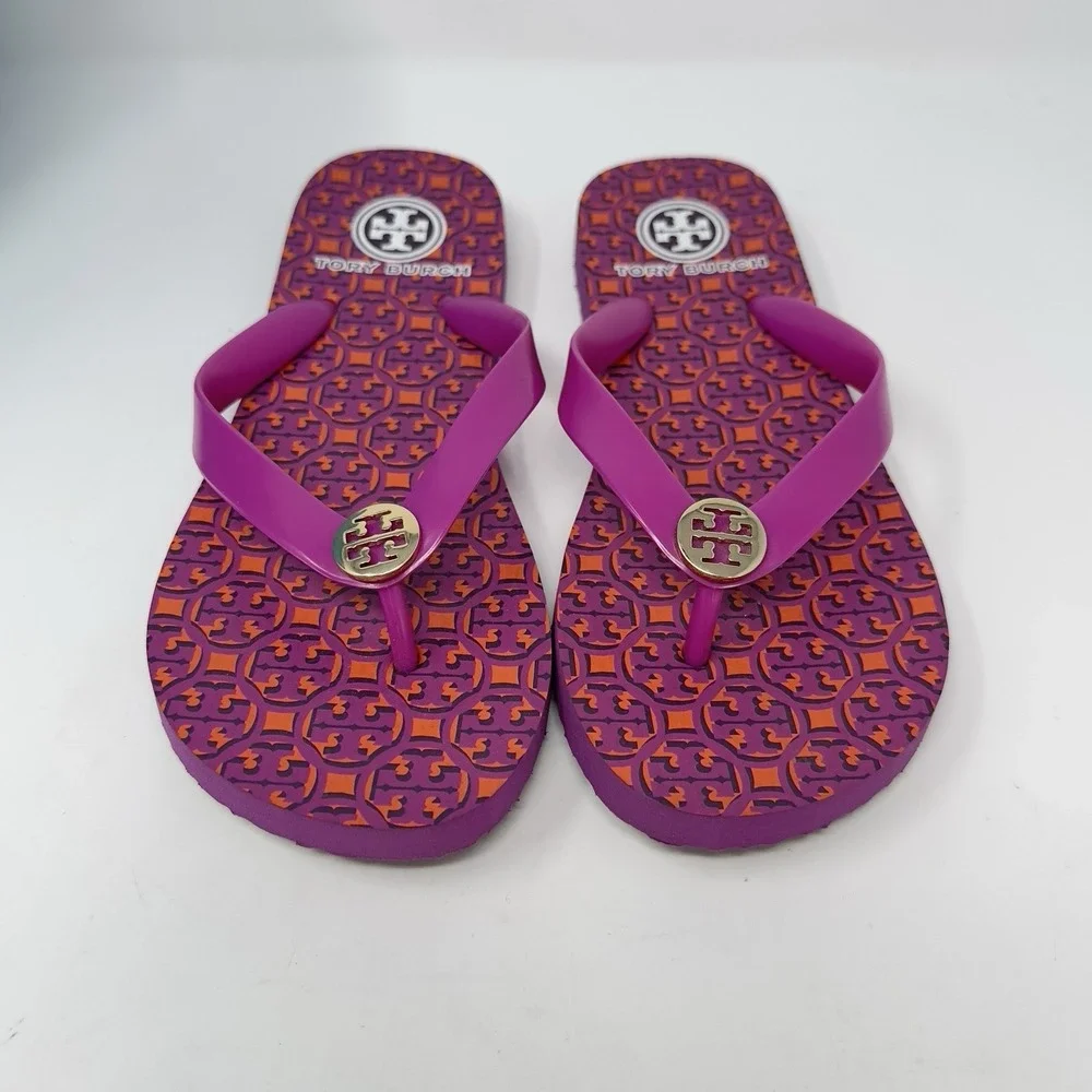 Tory Burch Thandie Logo Print Flip Flop Sandals Hot Pink Orange Womens 7
